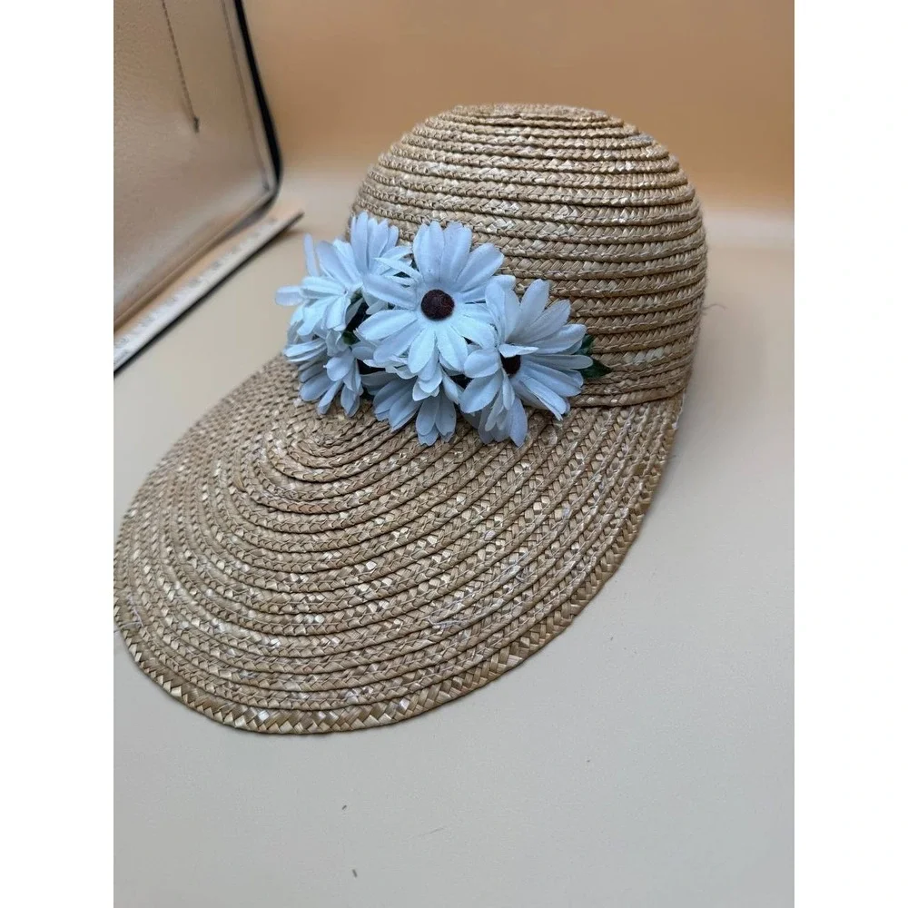 Beige Straw Wide-Brim Sun Hat With Daisy Flowers Summer Beach Resort Cruise